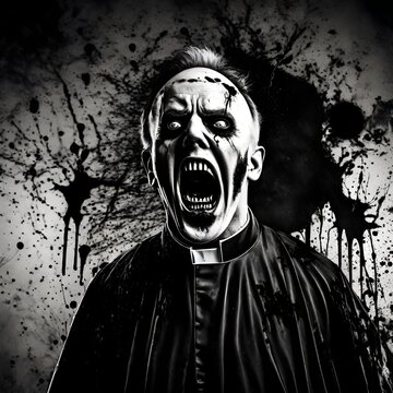 Black and white illustration of an evil scary Halloween zombie priest screaming with blood splatters in the background