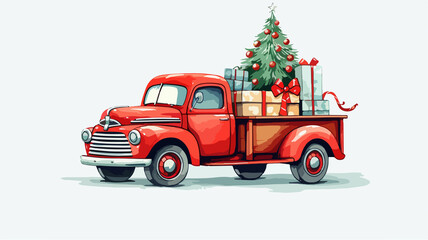 Hand drawn cartoon Christmas decorated car illustration 