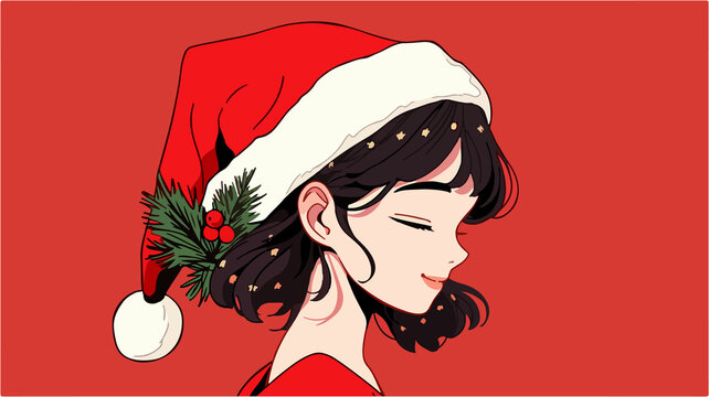 Hand drawn cartoon Christmas illustration of girl wearing Santa hat