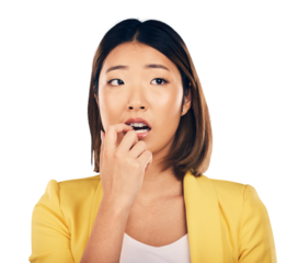 Anxiety, scared and Asian woman biting her nails with stress in crisis, accident or mistake for fail. Frustrated, mental health and young Japanese female model isolated by transparent png background.