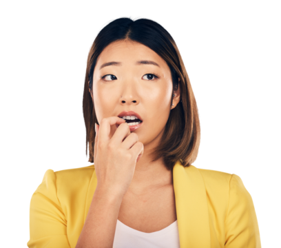 Anxiety, scared and Asian woman biting her nails with stress in crisis, accident or mistake for fail. Frustrated, mental health and young Japanese female model isolated by transparent png background.