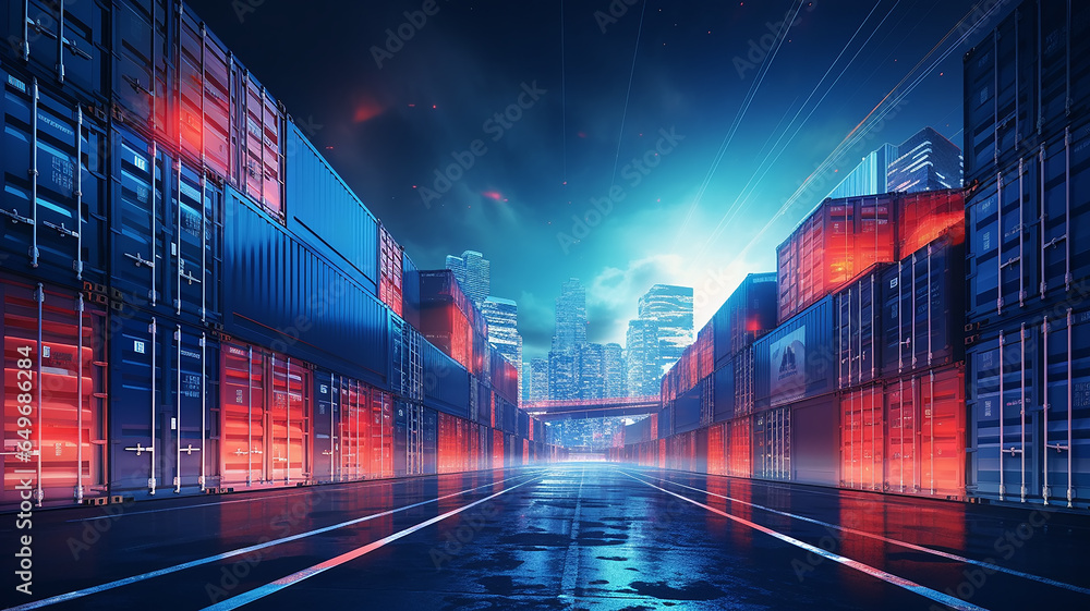 Poster warehouse technology of the future, warehouse program, neon background, futuristic computer graphics