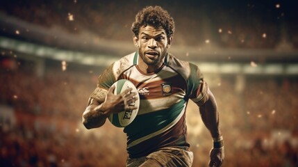 Rugby sportsman player with ball in action in stadium, Generative ai