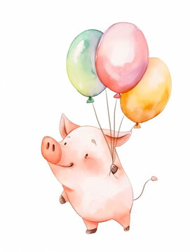 Cute pig with balloon isolated on a white background. Adorable party piglet or piggy with flying balloons - Birthday card with copy space. Watercolor Collection {No4}.