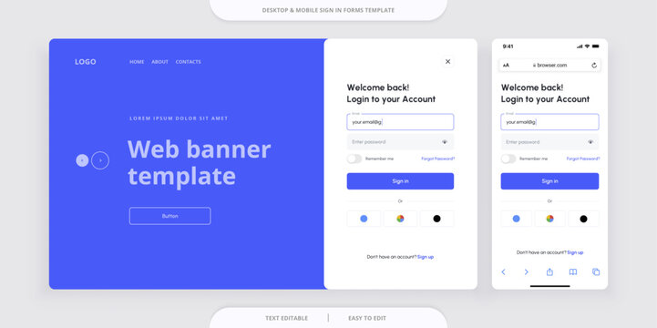 Sign In forms. Registration and login forms page. Desktop and mobile vector template for your design.