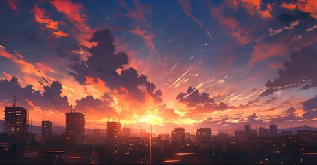 Obraz premium Sunset in the city, anime wallpaper, digital art.