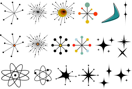 Mid Century Modern Vector Bundle Clip Art Retro MCM Atomic Starburst Digital File MidCentury Shapes Vector Set Atomic Age Space Age Y2K Retro Stars 50 60s Vintage Scrapbooking