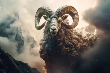 Fototapeten Image of abstract fantasy of bighorn ram with flames and smog. Wildlife Animals. Illustration, Generative AI. © yod67
