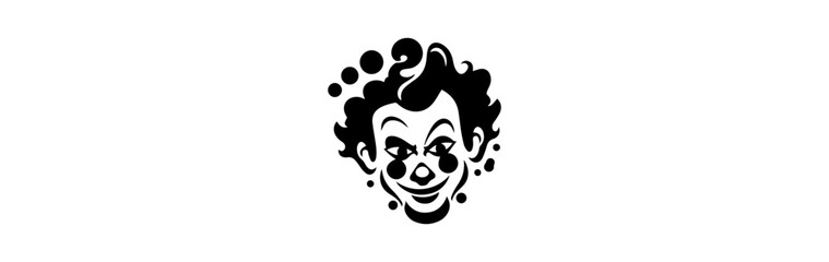Vector graphic smiling clown in a hat. Ribbon with the inscription circus. Logo, sticker or emblem. White isolated background.
