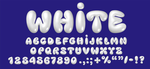 3D white bubble font in Y2K style. Vector isolated English alphabet letters and numbers. Perfect for winter, Christmas, and New Year design