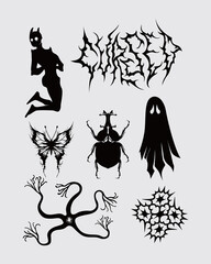 Metal art collage symbol brutalism streetwear element shape collection set acid poster, tattoo style, tribal illustration vector creepy tshirt design, symbol sick editable