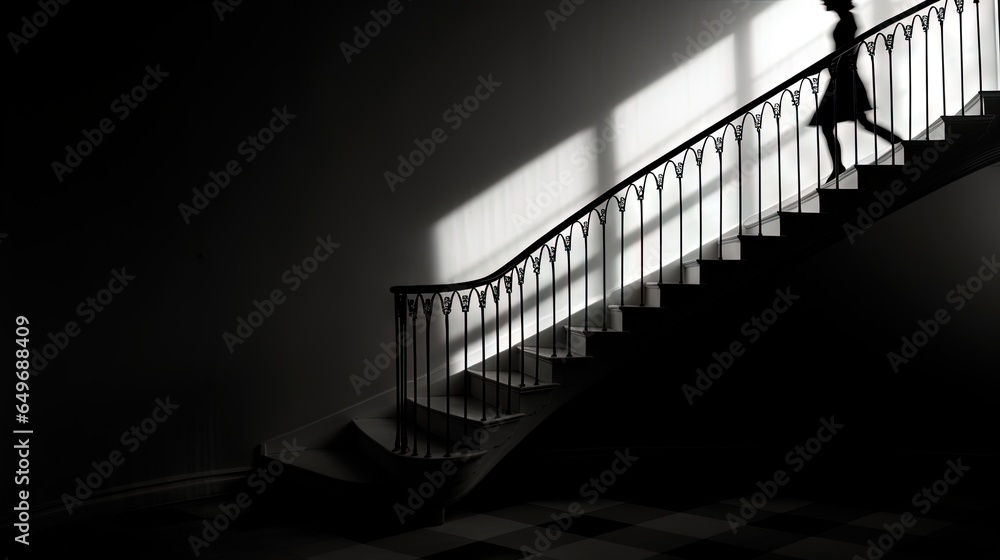 Poster a person walking up a staircase in a dark room with a checkered floor. generative ai