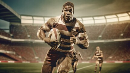 Fototapeta na wymiar Rugby sportsman player with ball in action in stadium, Generative ai