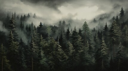  a painting of a forest filled with lots of tall trees.  generative ai