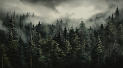 Fototapeta premium a painting of a forest filled with lots of tall trees. generative ai