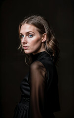 Fototapeta premium photo of woman wearing a black dress on black background, generative AI