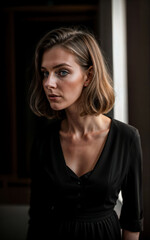 Fototapeta premium photo of woman wearing a black dress on black background, generative AI