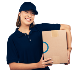 Delivery, woman with box in portrait and e commerce with supplier and distribution isolated on png transparent background. Supply chain, online shopping and package with Asian worker and shipping