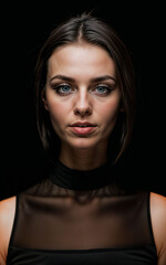 Naklejka premium photo of woman wearing a black dress on black background, generative AI