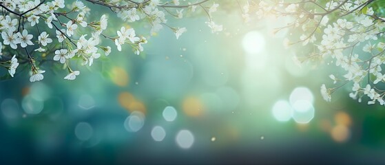 Blurred out spring summer season abstract nature background with lots of bokeh and a bright center spotlight and a subtle vignette border. - obrazy, fototapety, plakaty