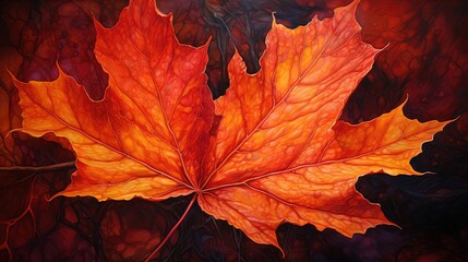 Fototapeta premium a painting of a red and orange leaf on a black background. generative ai