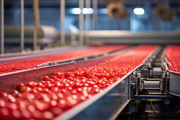 Natural lighting of tomatoes products ready for automatic belt conveyor in background of modern factory. Industry and production distribution concept.