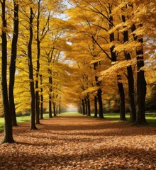 Autumn yellow forest, sunny day, amber, golden autumn