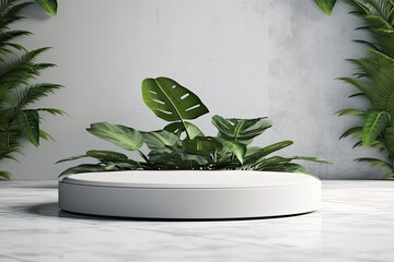 white round podium with a plant in it and a white vase with a green plant