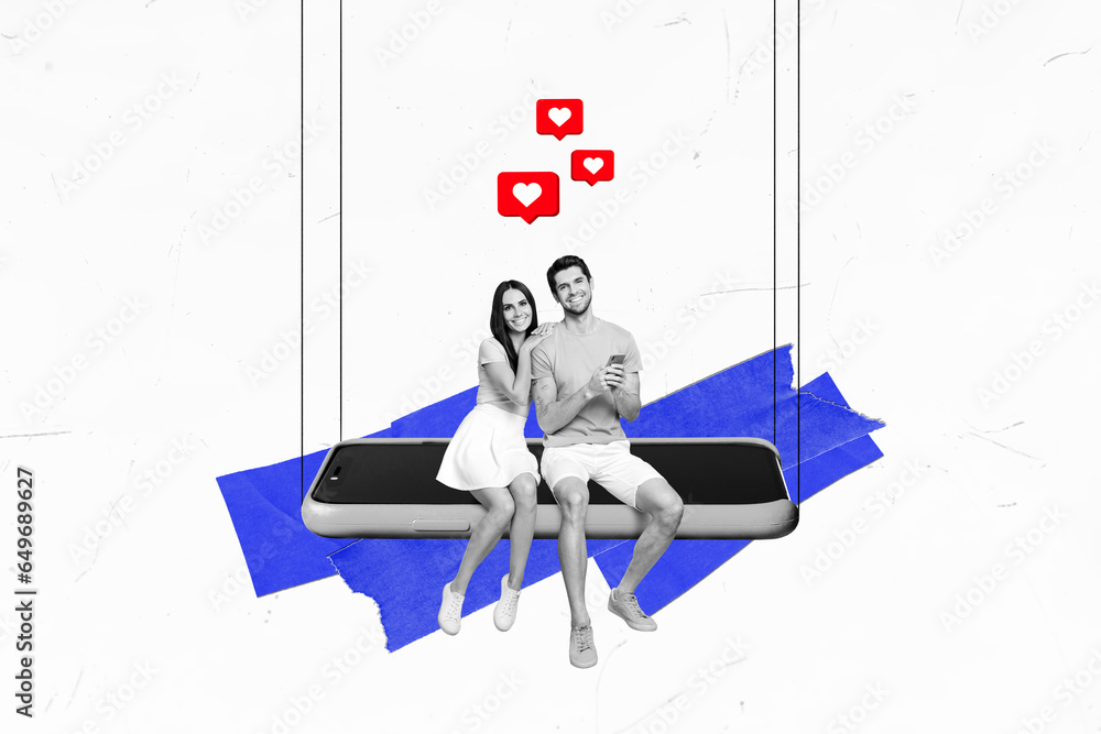 Poster collage picture image of two happy funny hugging people sit swing touchscreen enjoy popularity isola