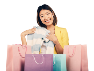 Shopping, clothes and portrait of Asian woman with bag for fashion discount, deal and sale offer. Gift, happy and person with clothing, style and brand on isolated, png and transparent background