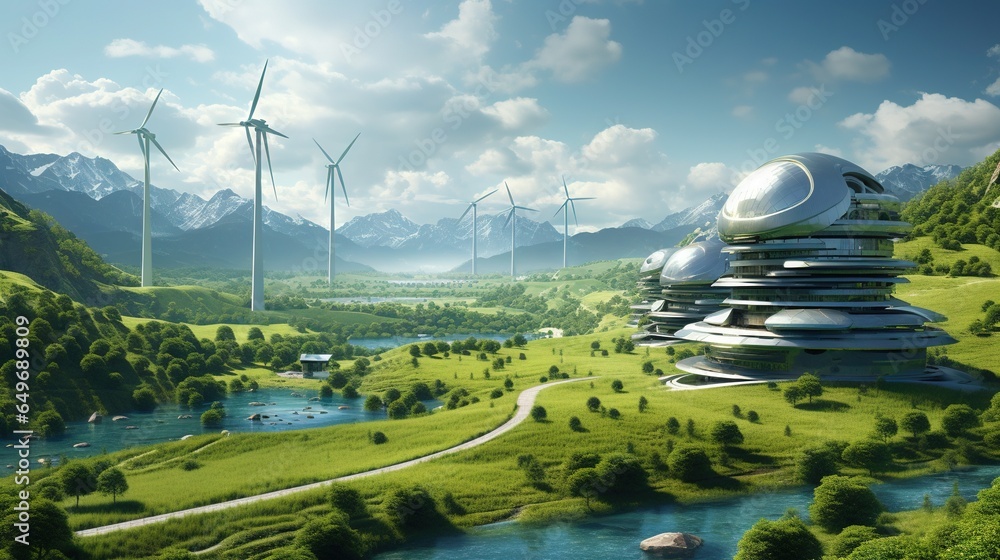 Poster a futuristic city with windmills in the background and a river running through it. generative ai