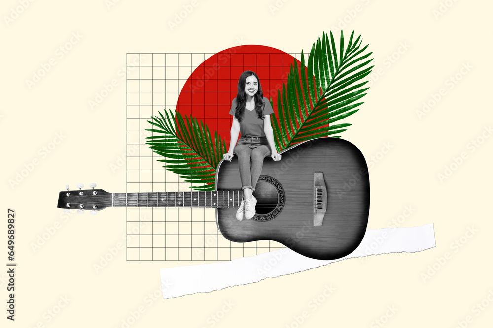 Poster Picture collage poster of smiling happy woman sitting on huge guitar exotic green plant leaf isolated drawing background