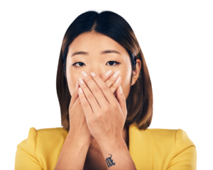 Shock, hands cover mouth and woman in portrait with surprise reaction isolated on png transparent background. Wow, alarm and danger with fear, mind blowing announcement or news with drama and alert