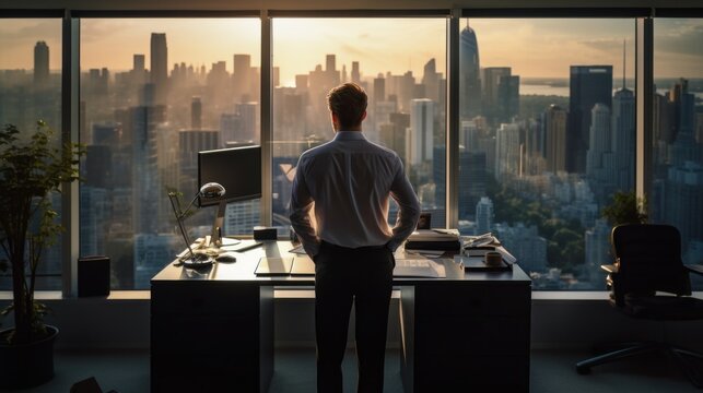 Full Body Portrait Of Successful Businessman Wearing A Suit Standing Near Panoramic Windows, Looking At Sunset Over City With Skyscrapers. View In Modern Office. Business Success Concept. Copy Space