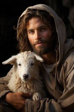 Jesus holding a lamb. Imaginary photorealistic image.