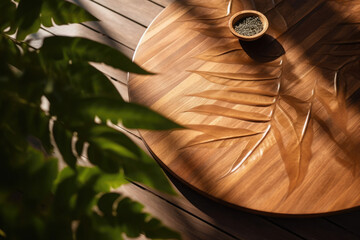  wooden platform with a large leafy green background