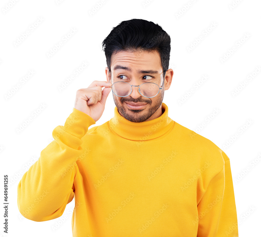 Poster thinking, glasses and young asian man with ideas, decision and question facial expression. solution,