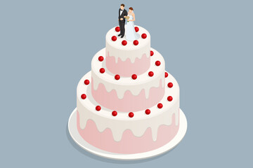Isometric wedding cake with berries, figurines of bride and groom on top. Sweetness for wedding ceremony. Three-tiered white wedding cake