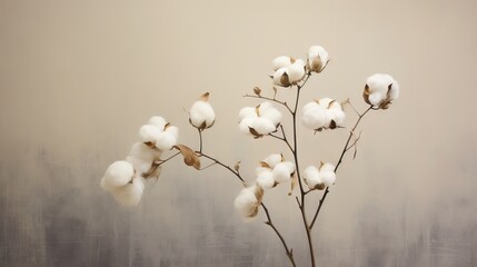  a branch of cotton plant with white flowers in front of a gray background.  generative ai