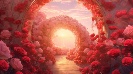 round arch of pink roses, holiday decoration, podium, stage frame