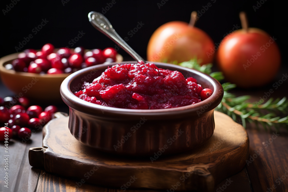 Canvas Prints A bowl of homemade cranberry sauce sits on a Thanksgiving table, its rich color contrasting with the other dishes