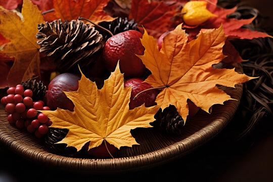 A Table Is Decorated With Colorful Fall Leaves, Adding A Touch Of Natural Beauty To The Thanksgiving Setup