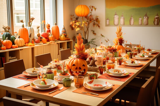 A Separate Children's Table Is Set Up For Thanksgiving, Complete With Paper Plates, Cups, And A Fun Centerpiece To Keep The Kids Entertained