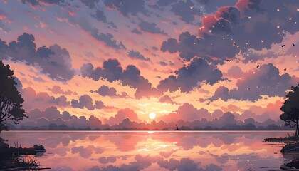 A pixel art illustration of a sunset at thee sea with orange sky and cloud in the style of Anime. Pixel Art - obrazy, fototapety, plakaty