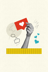 Vertical creative collage image of arm holding heart notification paper blogger influencer...
