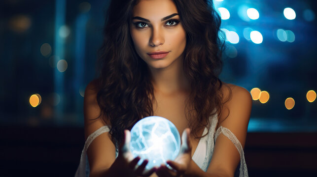 portrait of a sensual  woman fortune teller with magic ball. 

