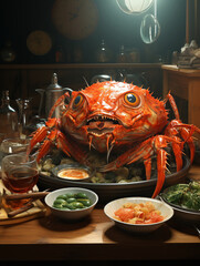 A food table with crabs. Crabs have three eyes four fi, generative ai.