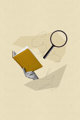 Collage picture image of human arm holding textbook reading detective story isolated on drawing...