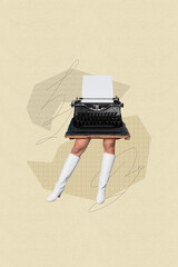 Vertical collage image of weird unusual silhouette no face woman typewriter instead head isolated...