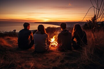 A warm campfire night: Friends and family gather around the flickering flames, enjoying a memorable evening together. - obrazy, fototapety, plakaty